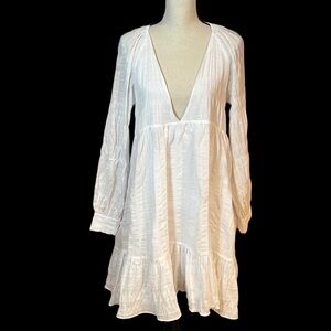 NWT LPA White Low V-Neckline Long Sleeve Empire Cotton Dress Sz-S